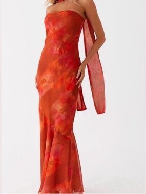 Strapless Orange-Red Floral Evening Gown